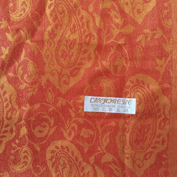 Orange Paisley Cashmere Slik Scarf Shawl Wrap Stole Silk Soft Women Warm 28 x 70 - Picture 9 of 16
